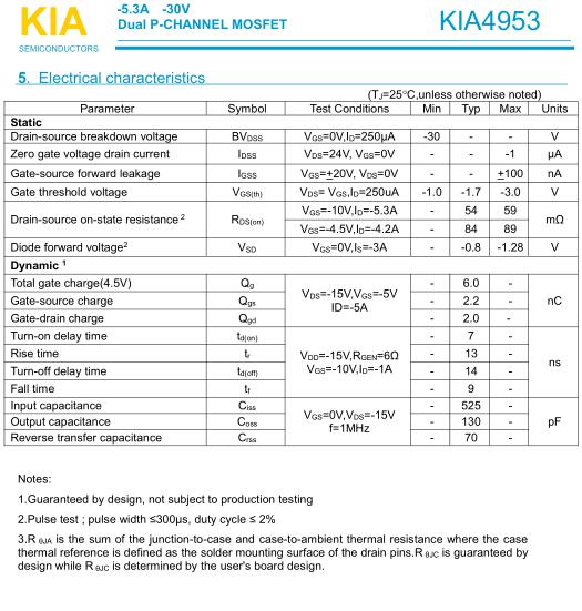 PFC電路碳化硅二極管，KIA4953,-5.3A/-30V